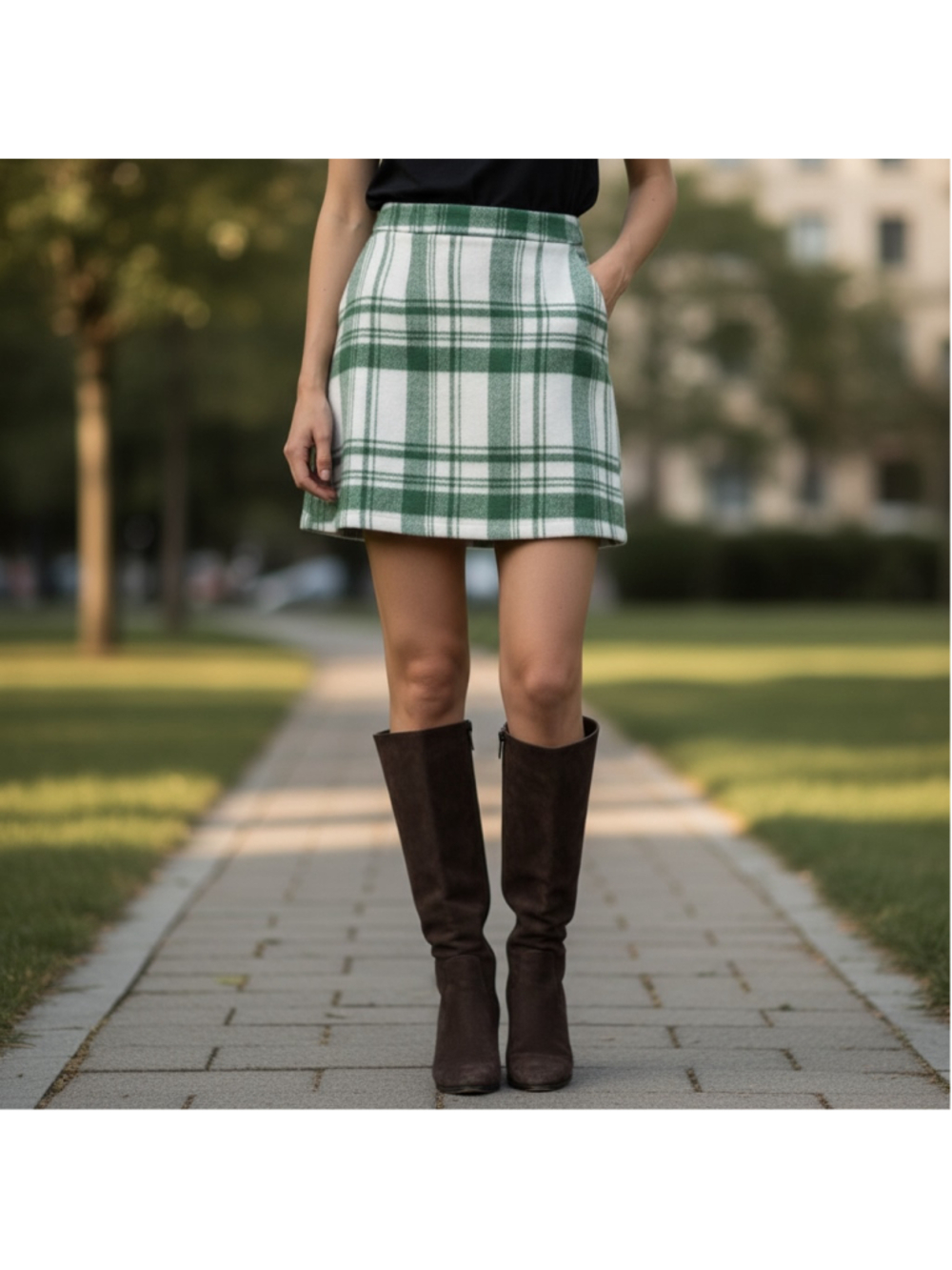 Size XL Cider Plaid Mini Skirt Green White soft side zip A-line fall